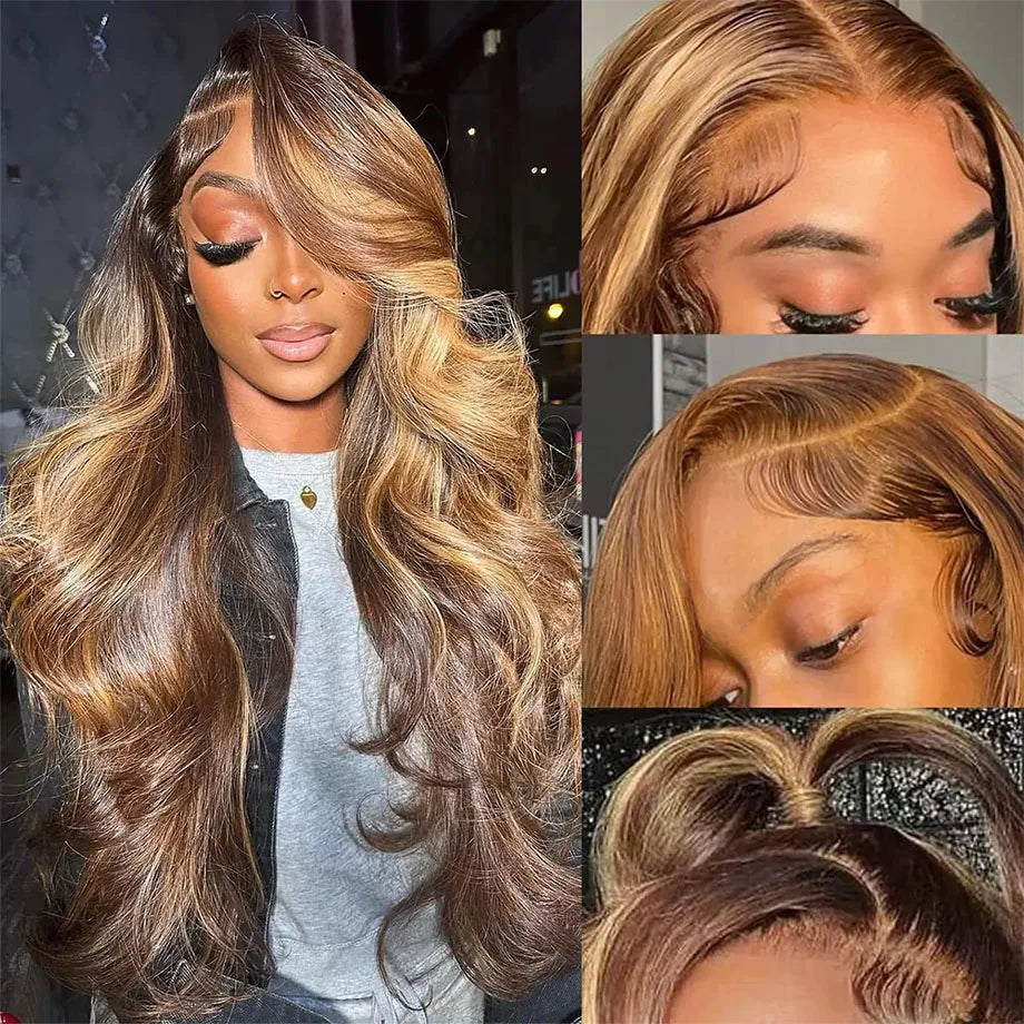 Perruque Body Wave naturelle à reflets ombrés, 30 à 32 pouces, perruques colorées 13x4 et 13x6 HD pour femmes noires