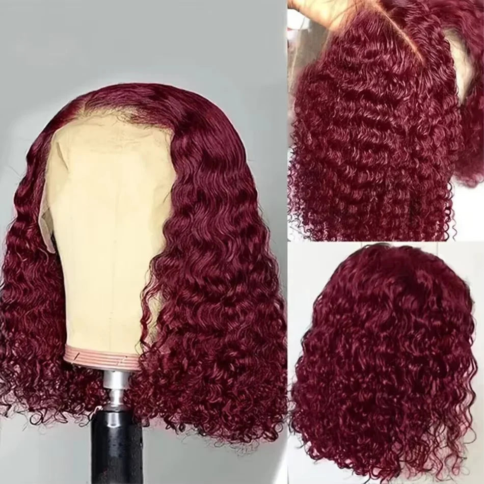 200% Density 99J Burgundy Short Deep Water Wave 13x4 Lace burgundy HD lace deep wave short bob wigs human hair wigs 14 inches