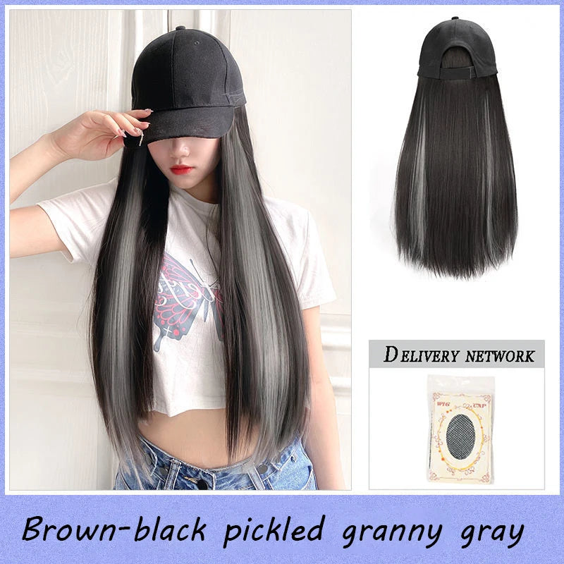 Baseball cap wig Synthetic Wigs With White Black Hat Long Straight Hair Wigs For Women connect Hat One Piece Wig Hat adjustable