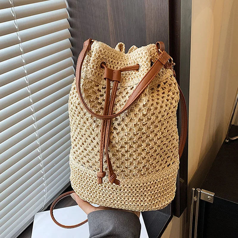 Sac seau en paille tressée pour femme, sac à bandoulière, sac de plage d'été, sac de voyage rétro, petit sac à main et sac à main pour femme