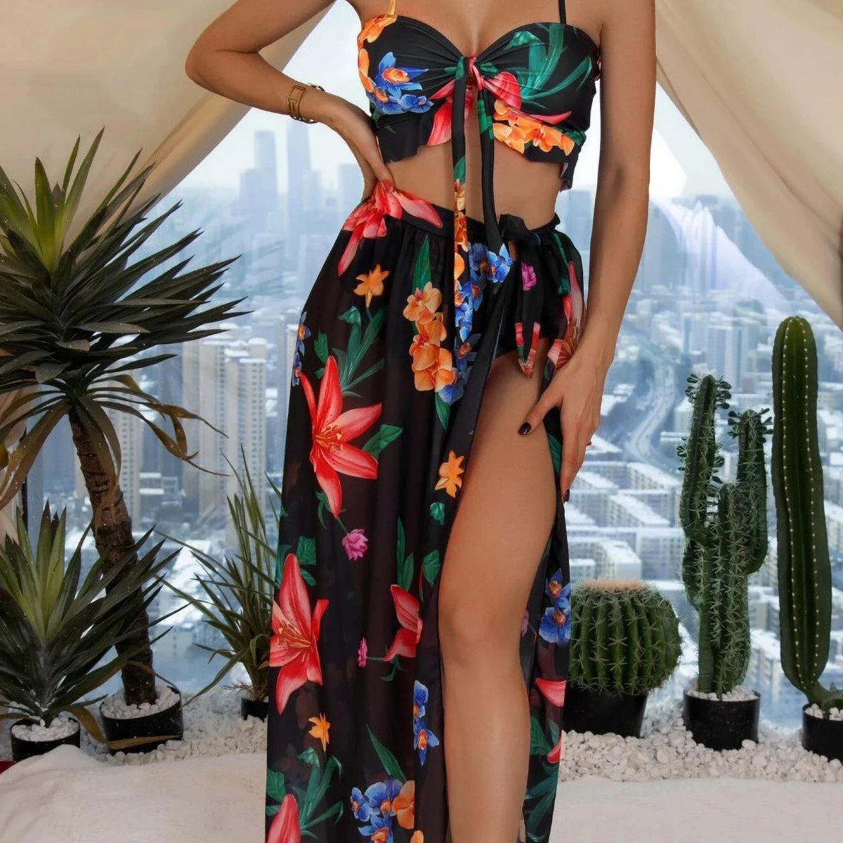 Vela Blue Brazilian Vikinis 2025 3 Piece Bikini Set Women High Waist Push Up & Padded Bra Printed Swimsuit with Skirt