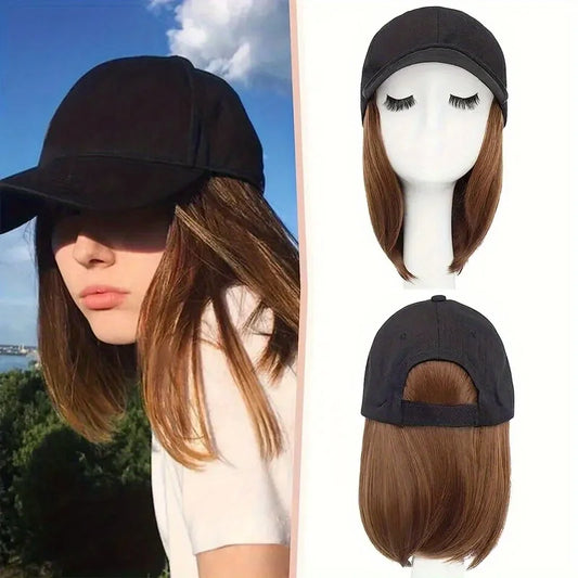 8Inch Synthetic Short Straight Wig Heat Resistant Fiber Stylish Girls' Baseball Hat Wig with Natural  Hair Peaked Cap