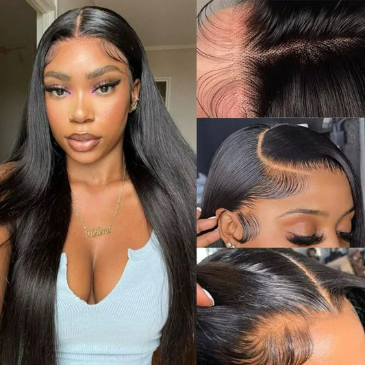 13x6 Synthetic Lace Front Wigs Long Straight Wigs Pre Plucked Free Part Natural Black Lace Frontal Wigs Put On Go Glueless Wigs