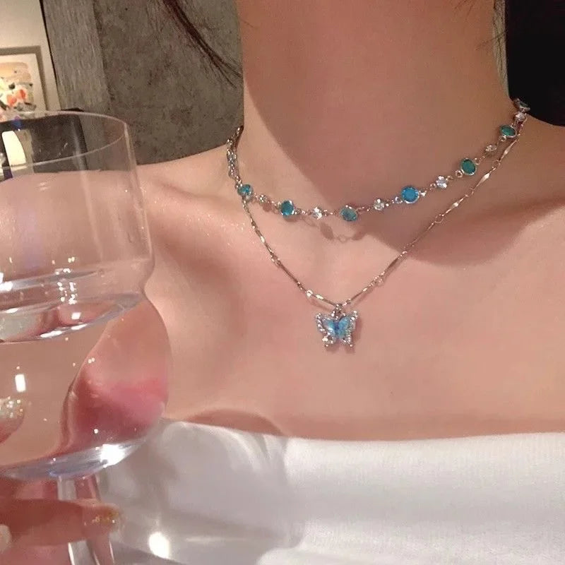Romantic Blue Crystal Butterfly Necklace for Women Girls Simple Shiny Zircon Bilayer Choker Clavicle Chain Fine Jewelry