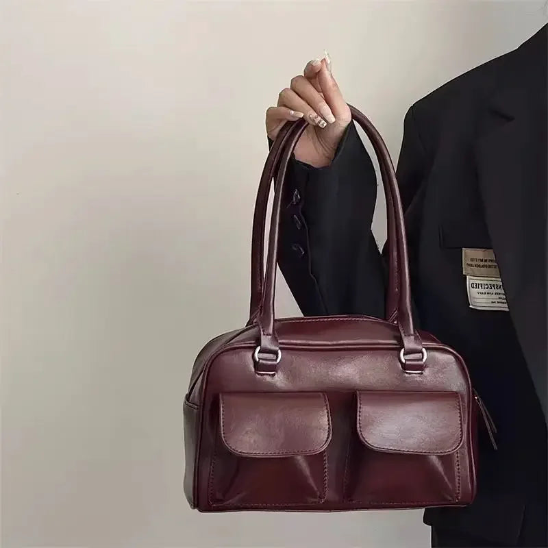 Sacs à bandoulière vintage pour femmes, fourre-tout simple pour dames, sac à main en cuir PU, sac à main bordeaux, grand format