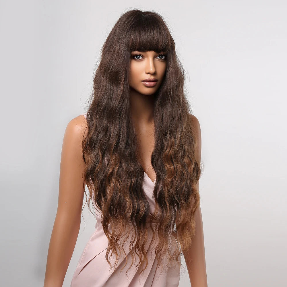 ALAN EATON Brown Highlight Synthetic Wigs with Bangs for Black Women Long Ombre Honey Brown Wave Wig Heat Resistant Hair Natural
