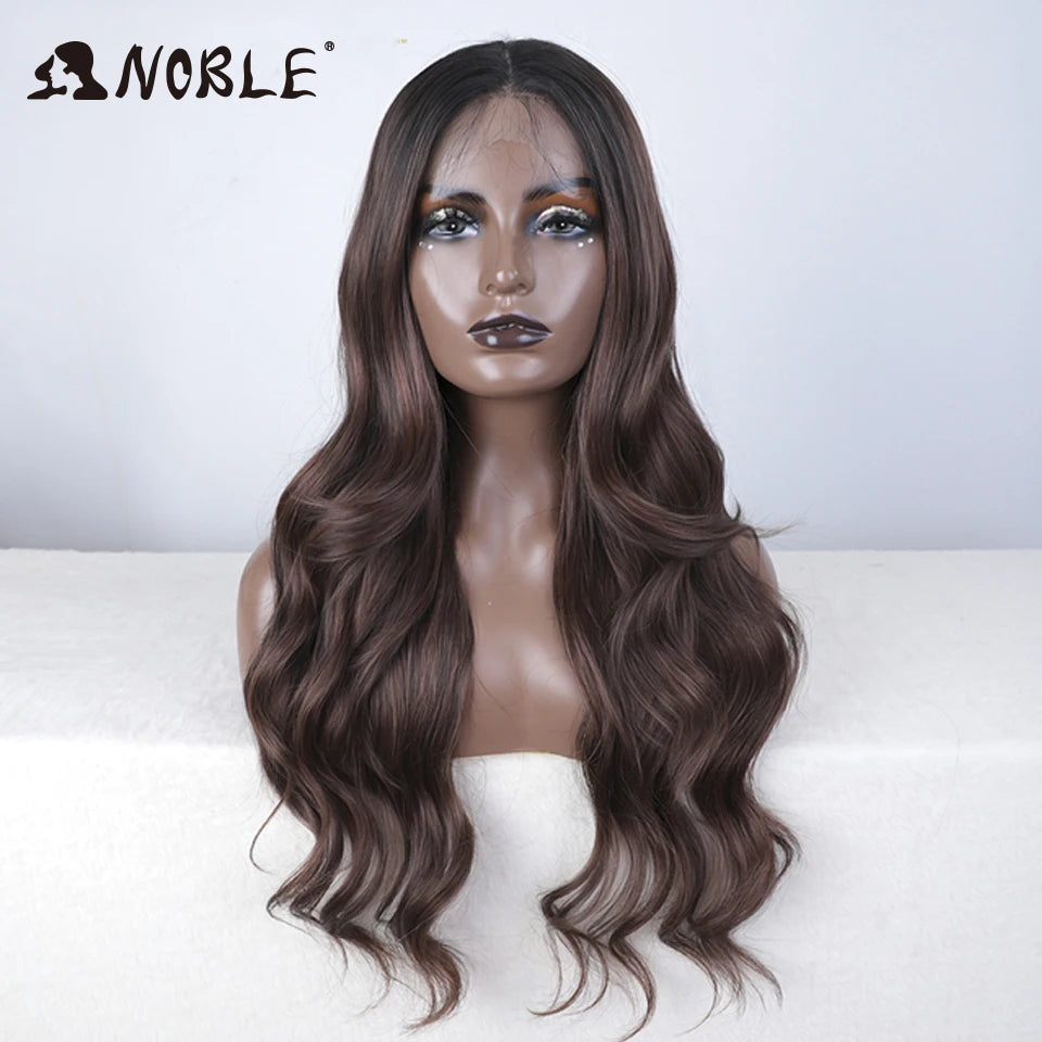 Noble Lace Front Wig Synthetic 28“ Highlight Honey Brown Body Wave Wig Blonde Wigs For Women Lace Wig Synthetic Lace Front Wig