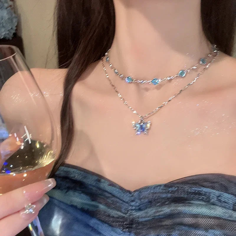 Romantic Blue Crystal Butterfly Necklace for Women Girls Simple Shiny Zircon Bilayer Choker Clavicle Chain Fine Jewelry