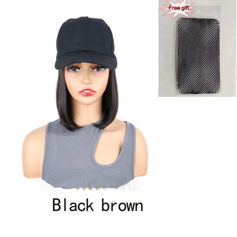 8Inch Synthetic Short Straight Wig Heat Resistant Fiber Stylish Girls' Baseball Hat Wig with Natural  Hair Peaked Cap