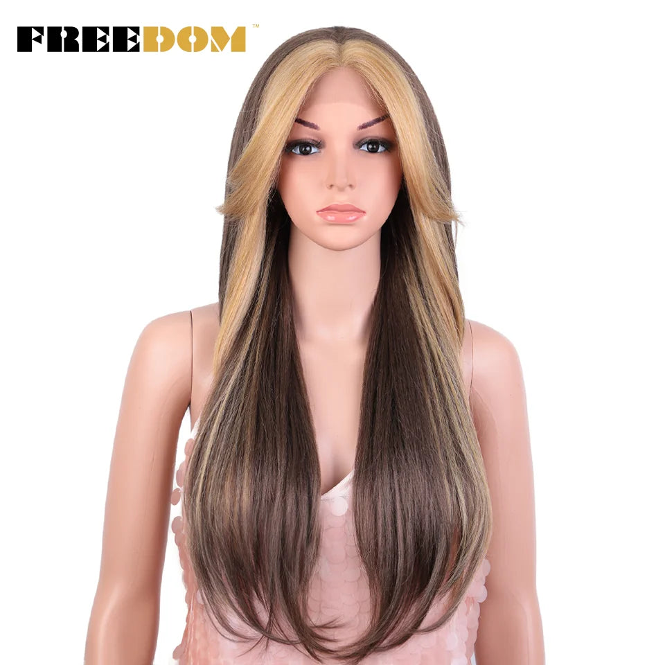 FREEDOM Synthetic Lace Front Wigs For Black Women 26 inch Straight Wigs Ombre Blond Cosplay Wig Synthetic Lace Wig With Bangs