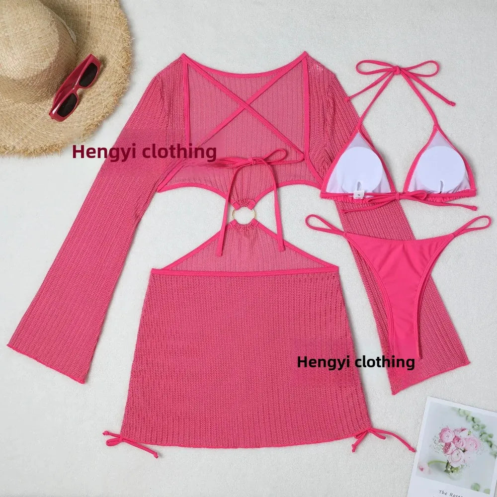 2025 New Cross-Border Tie-Dye Bikini Three-Piece Set Women's Net Sunshade Cover up Beach Skirt Suit Sportswear And Bag Accessori