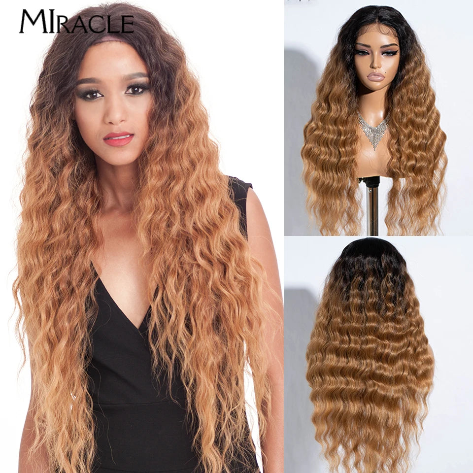 MIRACLE Synthetic Lace Front Wig 30'' Water Wave Lace Frontal Wig for Women Red Blonde Cosplay Lace Wig Female Fake Hair