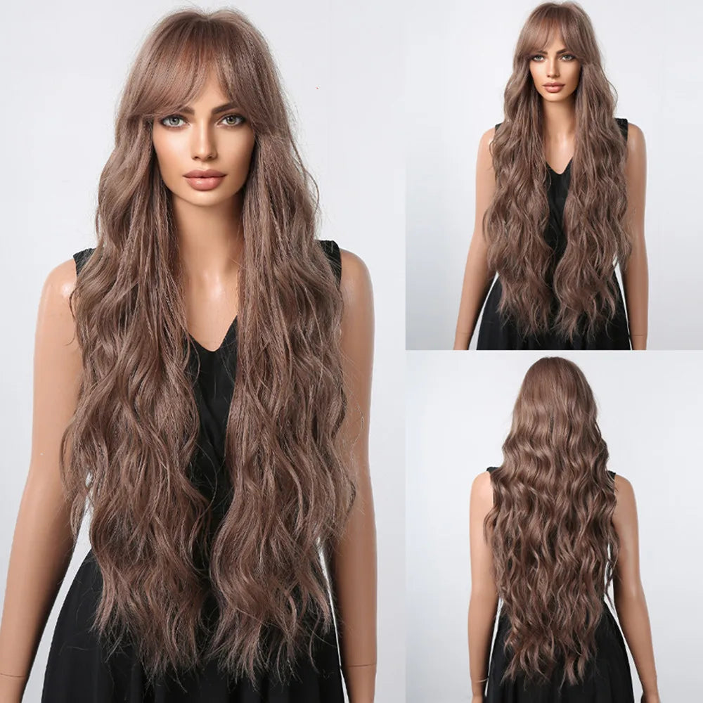 ALAN EATON Brown Highlight Synthetic Wigs with Bangs for Black Women Long Ombre Honey Brown Wave Wig Heat Resistant Hair Natural