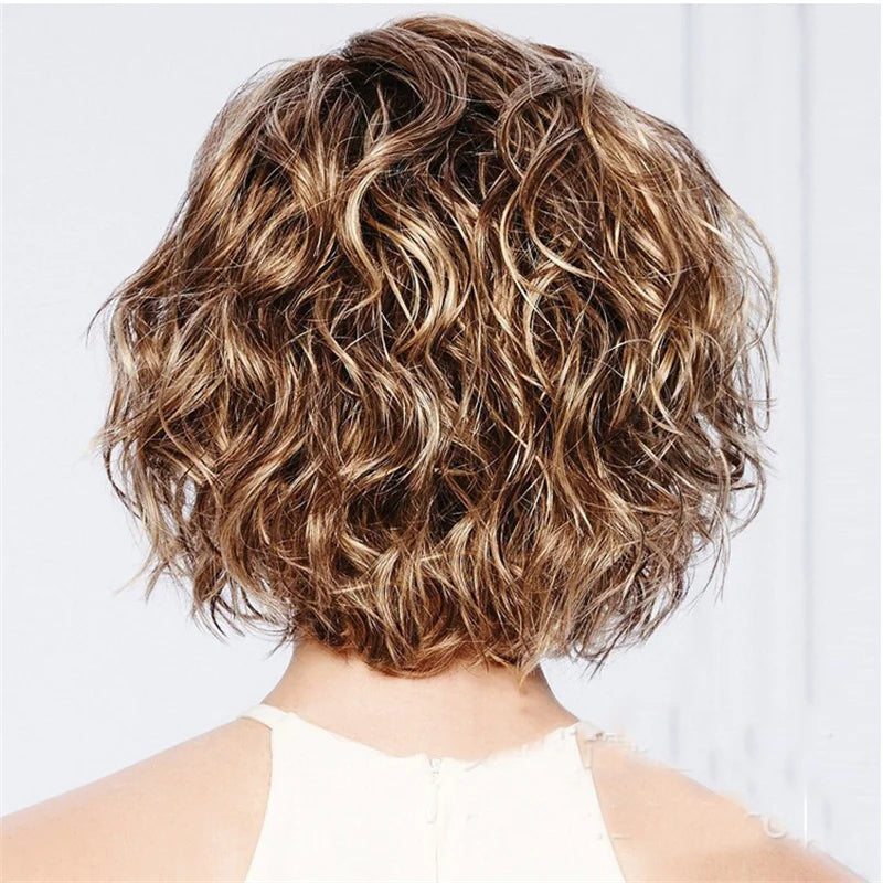New Arrivals Hair Extensions Synthetic Fashion Gold Brown Ladies Wigs Breathable Head Cover Short Curly Hair Wig Hat for Women