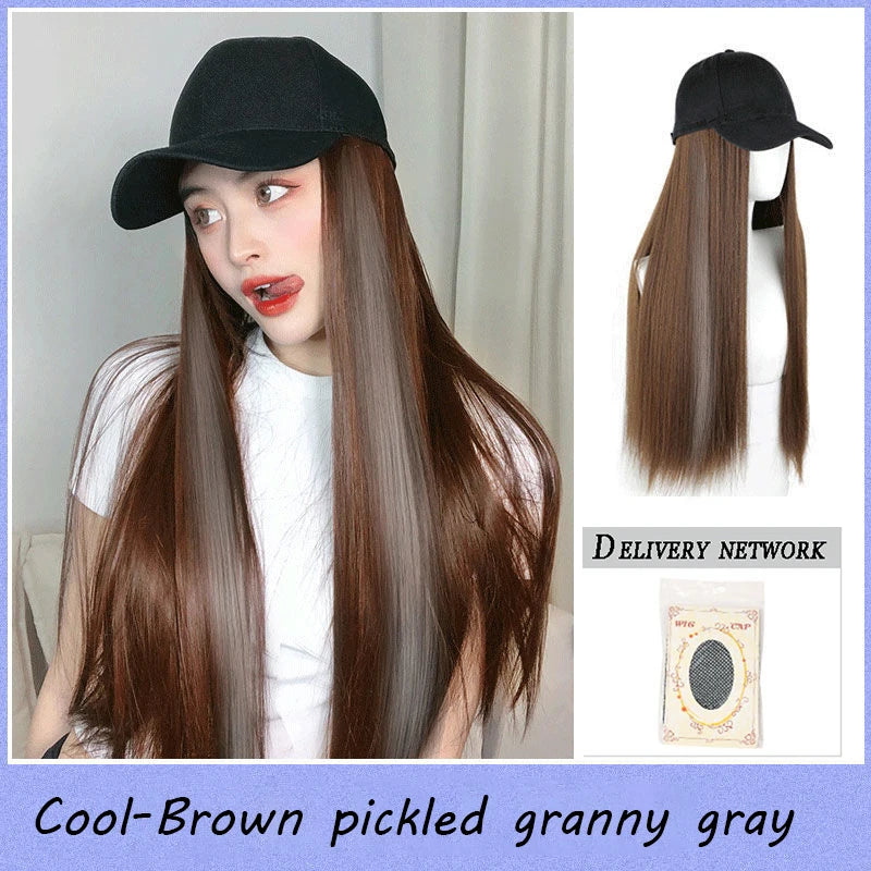 Baseball cap wig Synthetic Wigs With White Black Hat Long Straight Hair Wigs For Women connect Hat One Piece Wig Hat adjustable