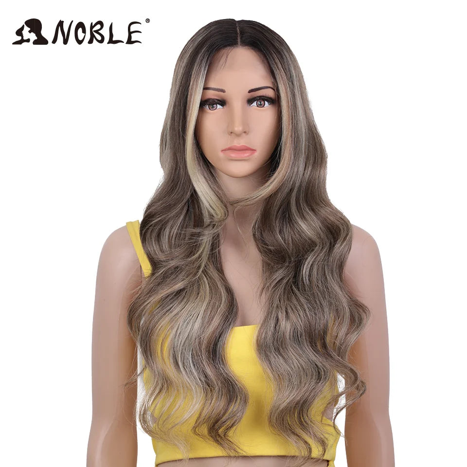 Noble Lace Front Wig Synthetic 28“ Highlight Honey Brown Body Wave Wig Blonde Wigs For Women Lace Wig Synthetic Lace Front Wig