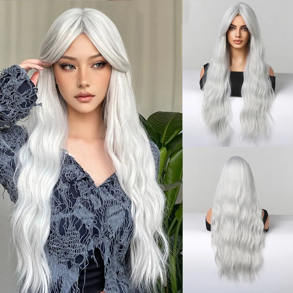 ALAN EATON Brown Highlight Synthetic Wigs with Bangs for Black Women Long Ombre Honey Brown Wave Wig Heat Resistant Hair Natural