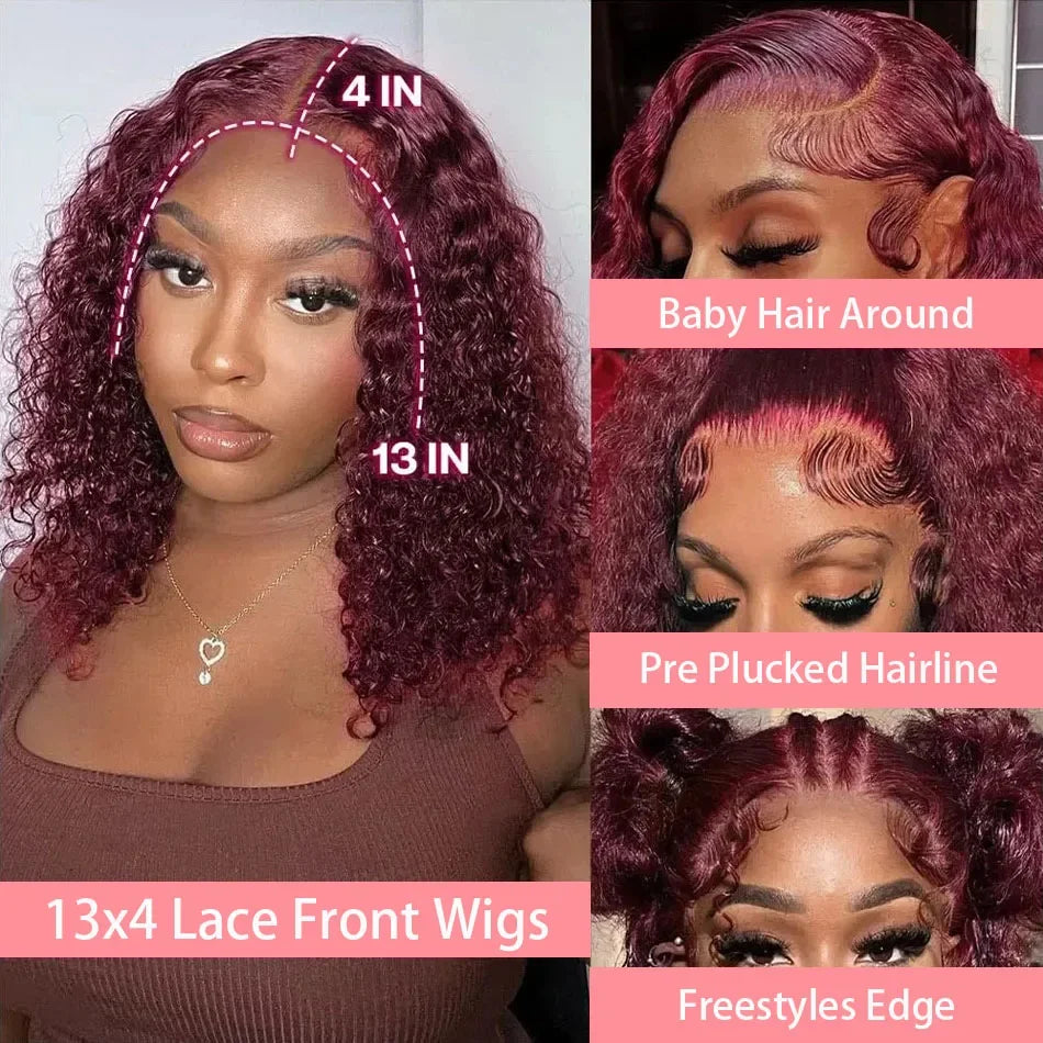 200% Density 99J Burgundy Short Deep Water Wave 13x4 Lace burgundy HD lace deep wave short bob wigs human hair wigs 14 inches