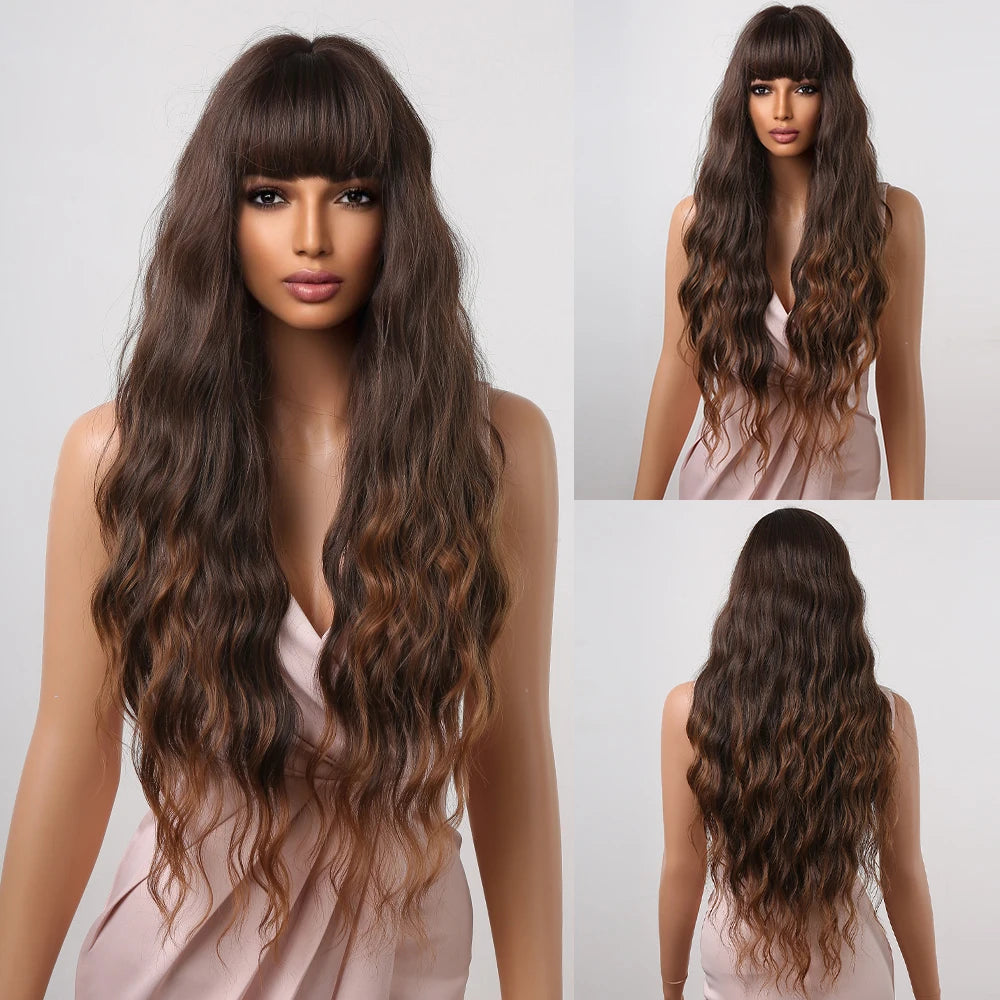 ALAN EATON Brown Highlight Synthetic Wigs with Bangs for Black Women Long Ombre Honey Brown Wave Wig Heat Resistant Hair Natural