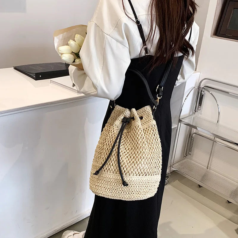 Sac seau en paille tressée pour femme, sac à bandoulière, sac de plage d'été, sac de voyage rétro, petit sac à main et sac à main pour femme