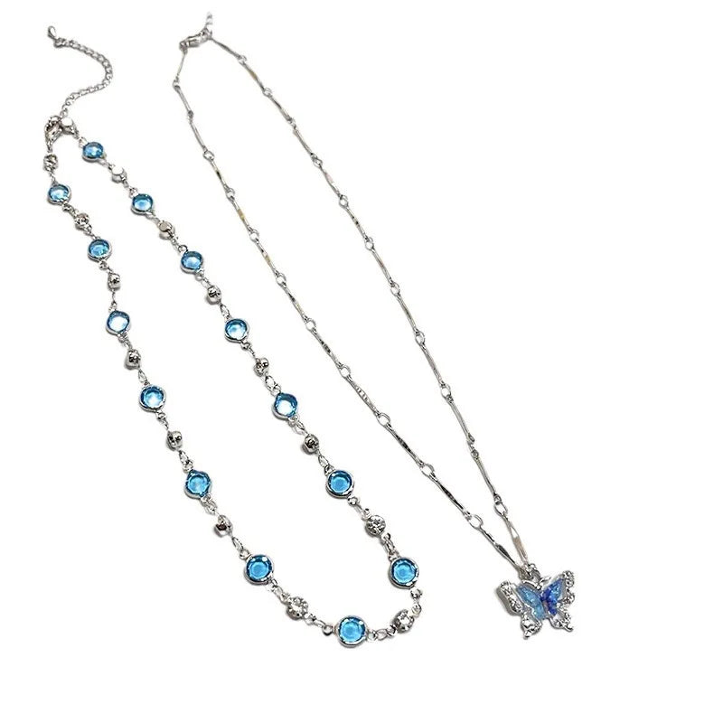 Romantic Blue Crystal Butterfly Necklace for Women Girls Simple Shiny Zircon Bilayer Choker Clavicle Chain Fine Jewelry