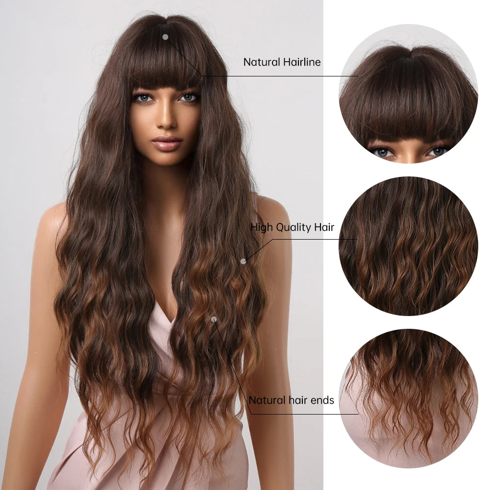 ALAN EATON Brown Highlight Synthetic Wigs with Bangs for Black Women Long Ombre Honey Brown Wave Wig Heat Resistant Hair Natural