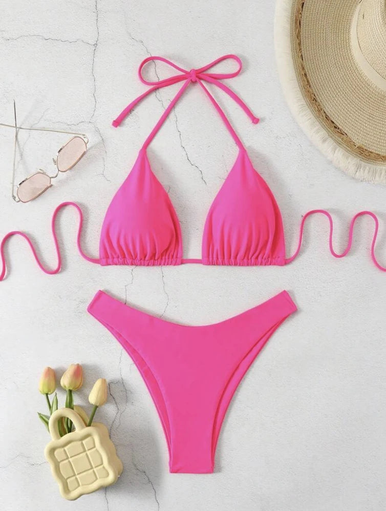 2025 Women White Bikini Chest Padded New Sexy Halter Bikini Two-Piece Set With Drawstring Straps Solid Brazilian Bathing Suit