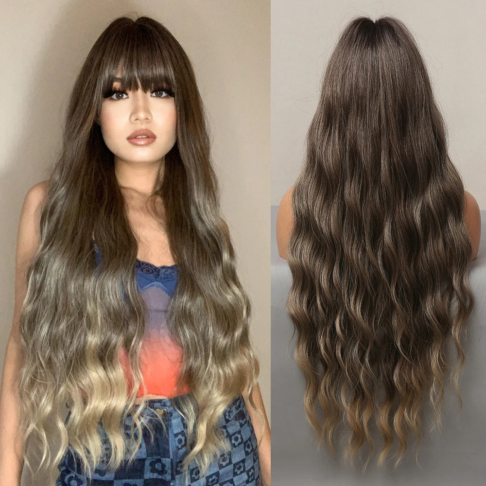 ALAN EATON Brown Highlight Synthetic Wigs with Bangs for Black Women Long Ombre Honey Brown Wave Wig Heat Resistant Hair Natural