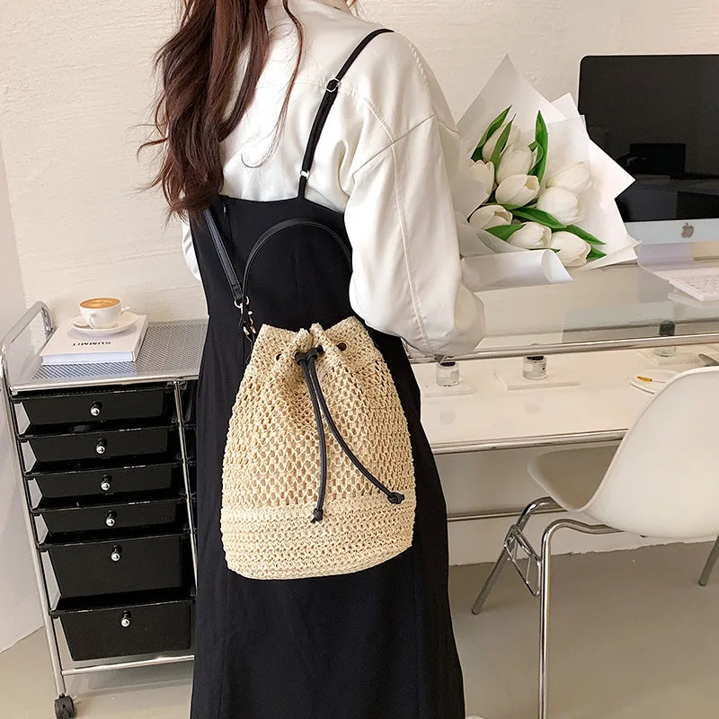 Sac seau en paille tressée pour femme, sac à bandoulière, sac de plage d'été, sac de voyage rétro, petit sac à main et sac à main pour femme