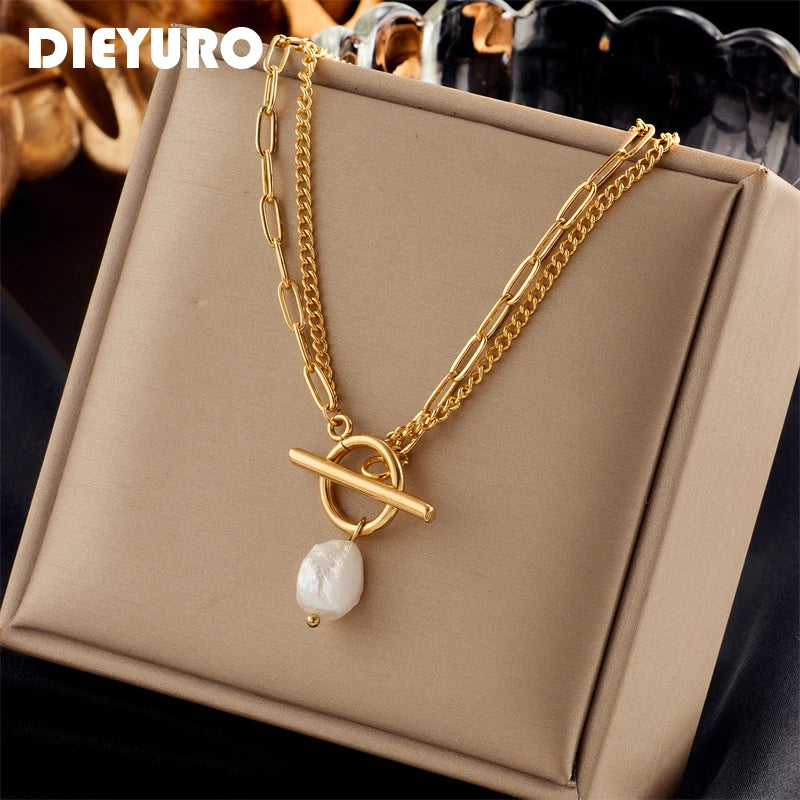 DIEYURO Collier avec pendentif en perles en acier inoxydable 316L avec fermoir OT pour femmes et filles, chaîne à 2 couches, bijoux cadeaux de fête