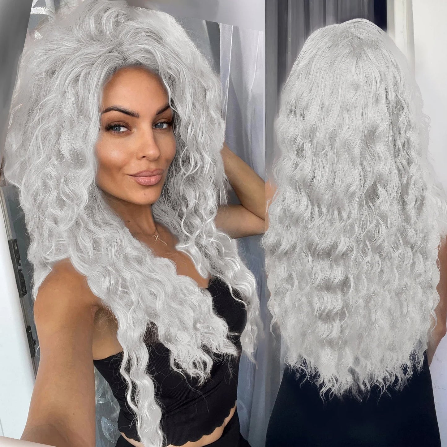 Ash Blonde Curly Wig Synthetic Long Curly Hair Wigs for Women Fluffy Hairstyle Wave Ombre Wig Costume Carnival Party Regular Wig