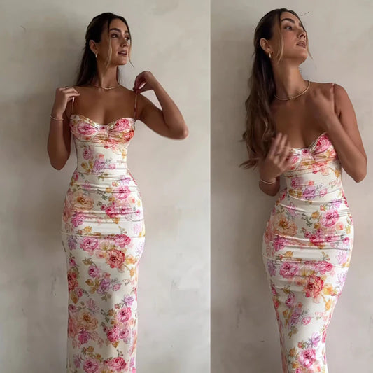 Robe courte à bretelles fines et fleurs, fendue, sans manches, style plage, été 2024