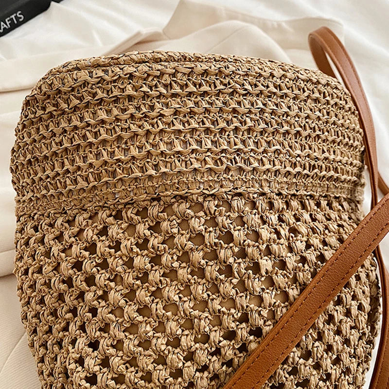 Sac seau en paille tressée pour femme, sac à bandoulière, sac de plage d'été, sac de voyage rétro, petit sac à main et sac à main pour femme