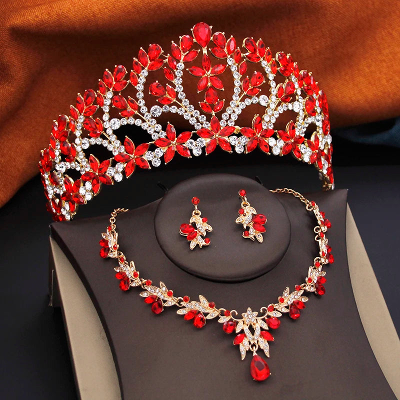Ensembles de bijoux de mariée pour femmes, diadèmes de mariage de la reine royale, 3 pièces, collier, boucles d'oreilles et couronne, ensembles de mariée, accessoires de costume