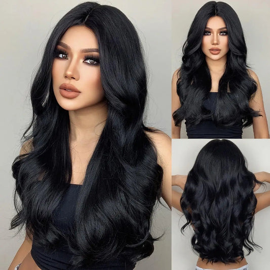 Fashion black brown synthetic wig in long curly hair full head set high temperature silk chemical fiber big wave head set