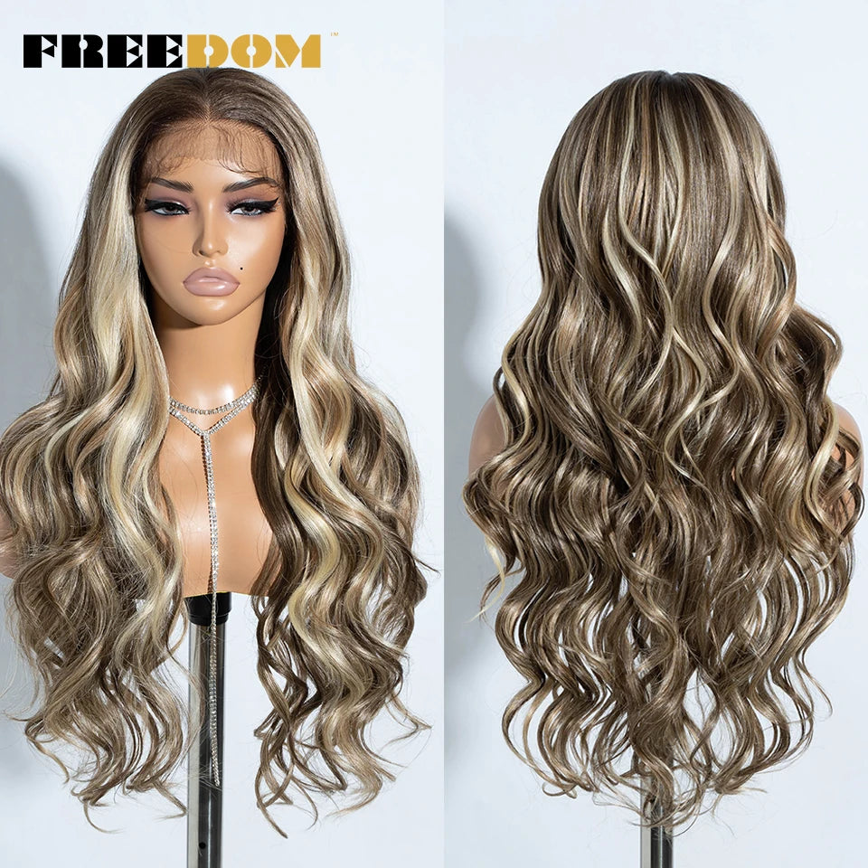 FREEDOM Synthetic Lace Front Wigs For Women 30 inch Long Body Wave T Part Lace Wigs Ombre Blonde Brown Wig Cosplay Wigs