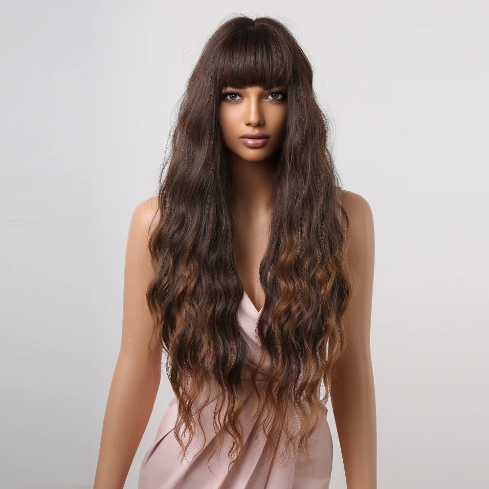 ALAN EATON Brown Highlight Synthetic Wigs with Bangs for Black Women Long Ombre Honey Brown Wave Wig Heat Resistant Hair Natural