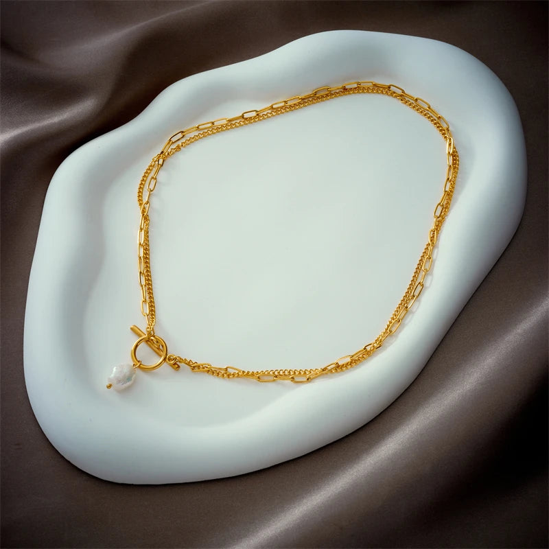 DIEYURO Collier avec pendentif en perles en acier inoxydable 316L avec fermoir OT pour femmes et filles, chaîne à 2 couches, bijoux cadeaux de fête