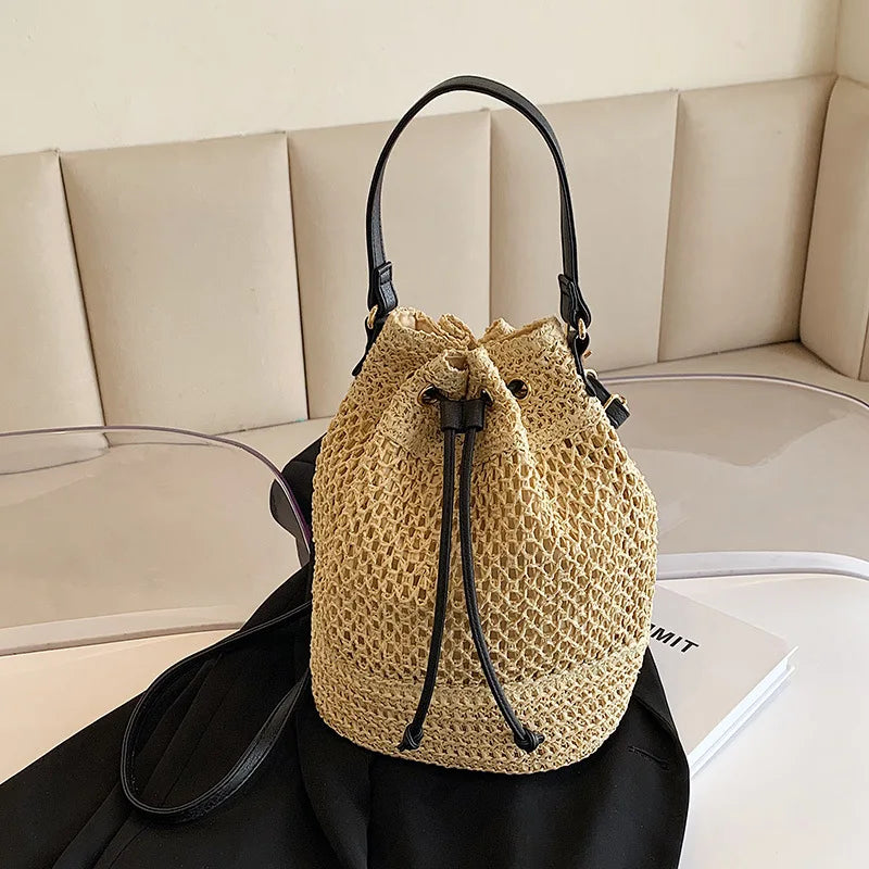 Sac seau en paille tressée pour femme, sac à bandoulière, sac de plage d'été, sac de voyage rétro, petit sac à main et sac à main pour femme