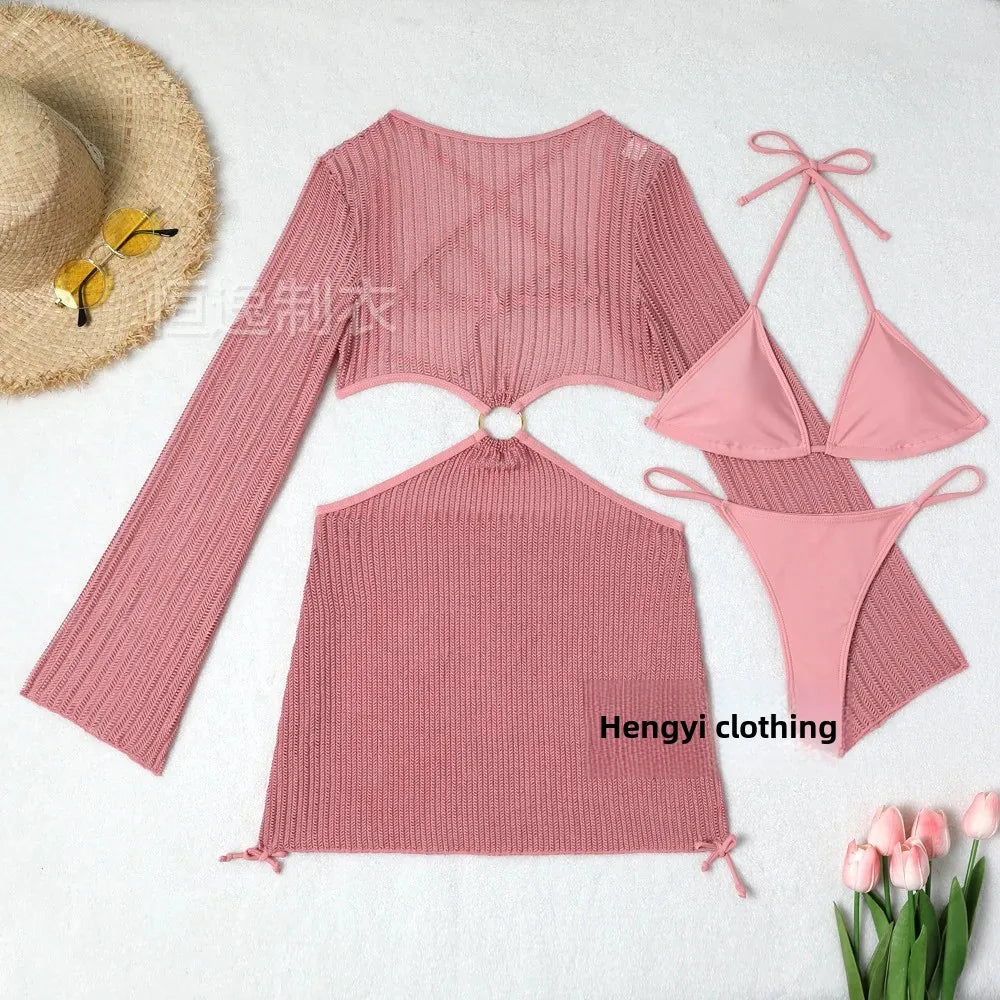 2025 New Cross-Border Tie-Dye Bikini Three-Piece Set Women's Net Sunshade Cover up Beach Skirt Suit Sportswear And Bag Accessori