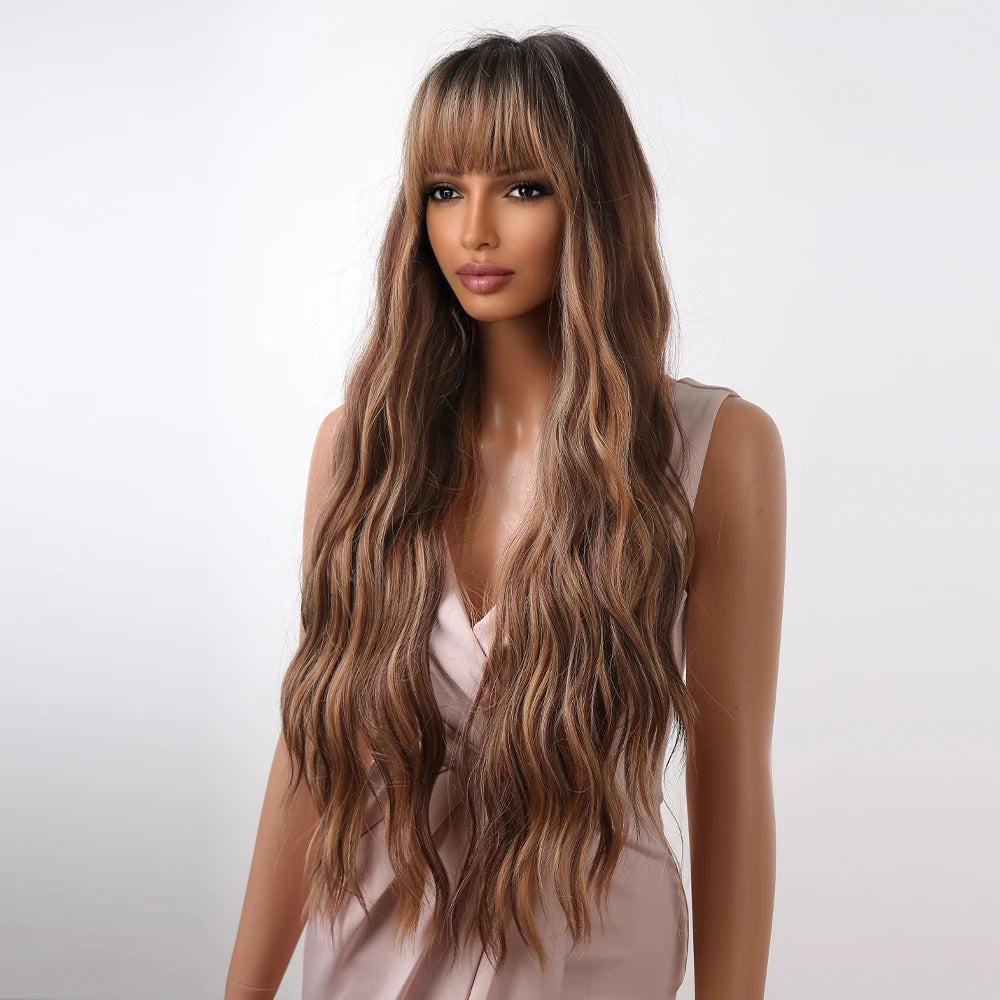 ALAN EATON Brown Highlight Synthetic Wigs with Bangs for Black Women Long Ombre Honey Brown Wave Wig Heat Resistant Hair Natural