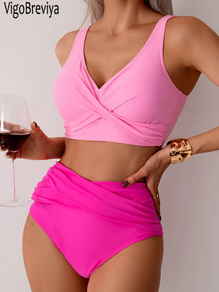 Maillot de bain sexy VigoBreviya 2025 à bretelles solides pour femmes, ensemble bikini push-up croisé, maillot de bain brésilien taille haute, maillot de bain de plage