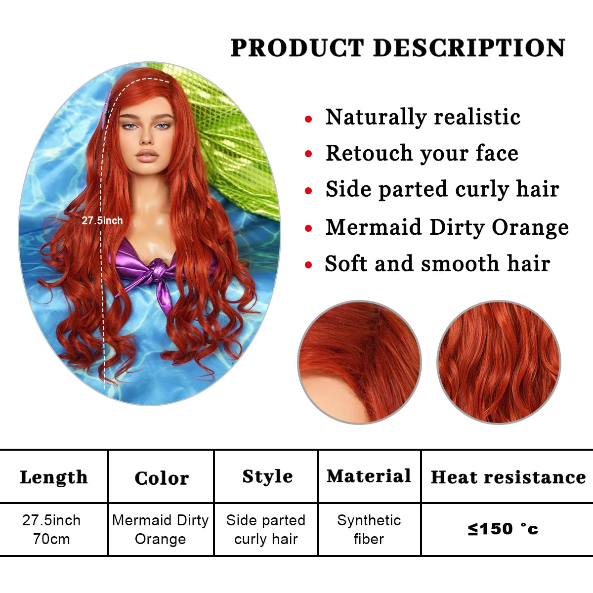 Aquamarine Wig Synthetic Long Curly Orange Red Mermaid Wig with Bangs Loose Body Wave Wigs for Women Halloween Party Cosplay Wig