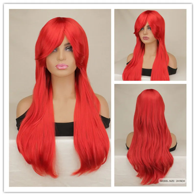 Women Long Wavy Cosplay Wig Red Rose Pink Black Blue Sliver Gray Brown Temperature Synthetic Hair Wigs