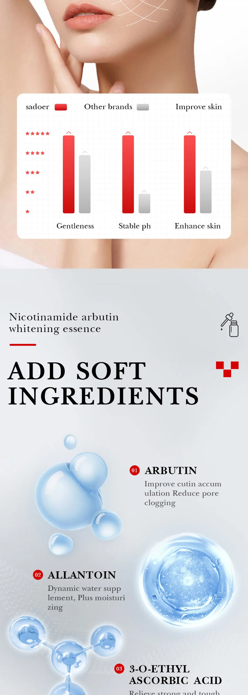 Lot de 3 sérums éclaircissants à l'arbutine pour le visage, hydratants, éclaircissants et raffermissants, essences pour le visage, soins de la peau
