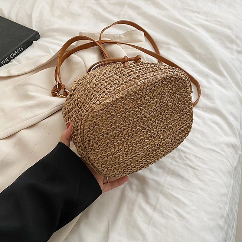 Sac seau en paille tressée pour femme, sac à bandoulière, sac de plage d'été, sac de voyage rétro, petit sac à main et sac à main pour femme