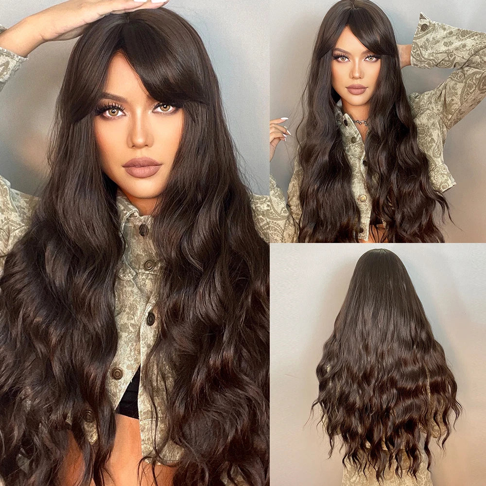 ALAN EATON Brown Highlight Synthetic Wigs with Bangs for Black Women Long Ombre Honey Brown Wave Wig Heat Resistant Hair Natural