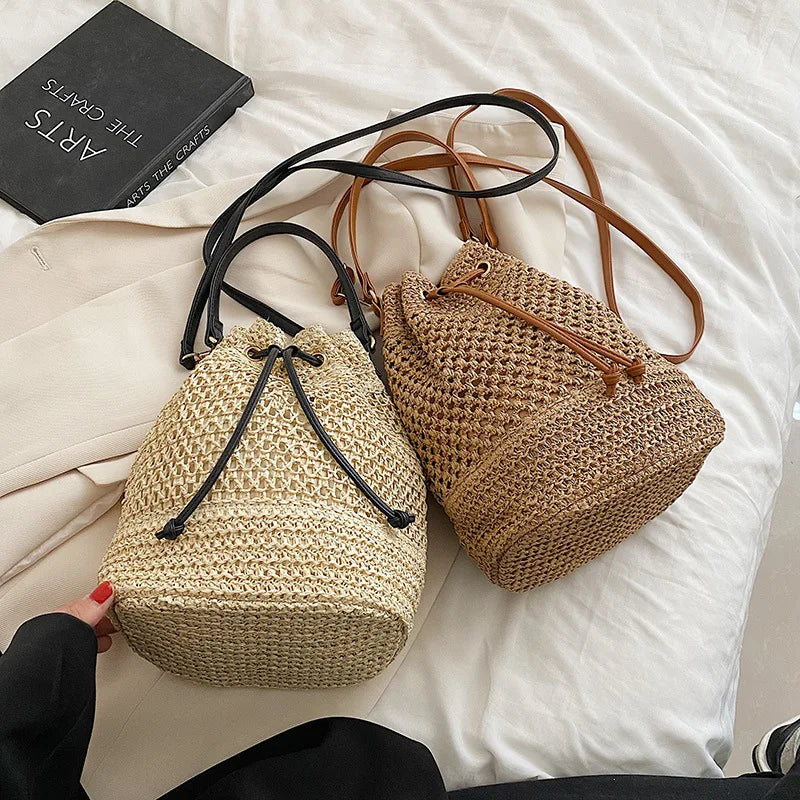 Sac seau en paille tressée pour femme, sac à bandoulière, sac de plage d'été, sac de voyage rétro, petit sac à main et sac à main pour femme
