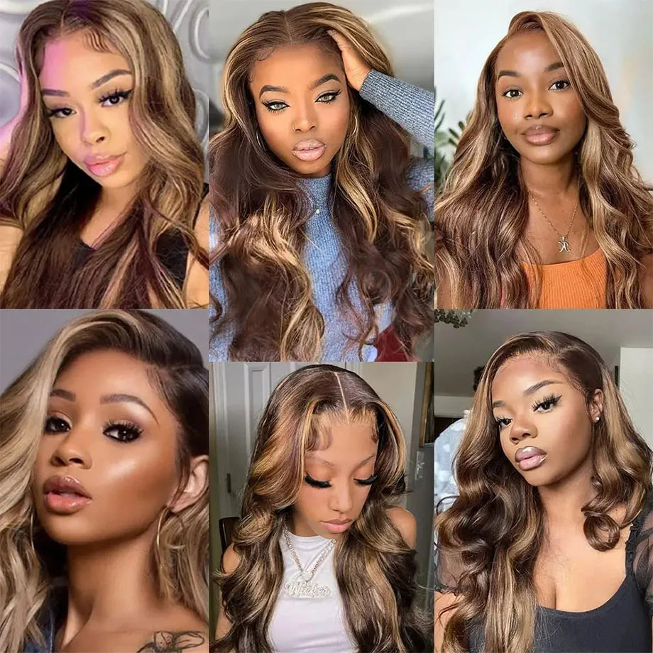 Perruque Body Wave naturelle à reflets ombrés, 30 à 32 pouces, perruques colorées 13x4 et 13x6 HD pour femmes noires