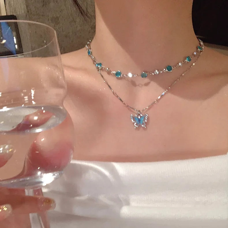 Romantic Blue Crystal Butterfly Necklace for Women Girls Simple Shiny Zircon Bilayer Choker Clavicle Chain Fine Jewelry